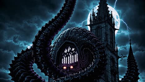 nightmarish gothic church attacked by a monster