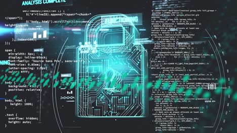 animation of graphs over data processing and digital padlock over black background