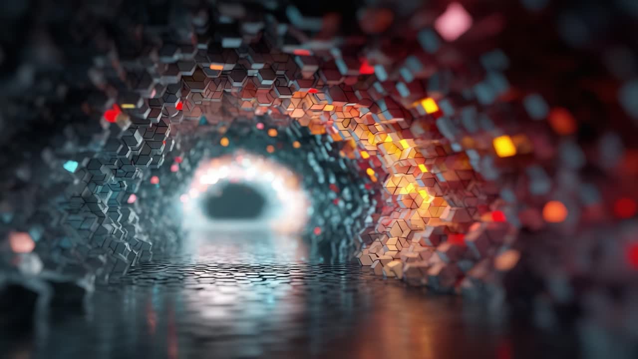 Exploring a Hypnotic Tunnel of Light: Luminous Hexagons Create an Enigmatic Visual Experience in a Vibrant Abstract Environment