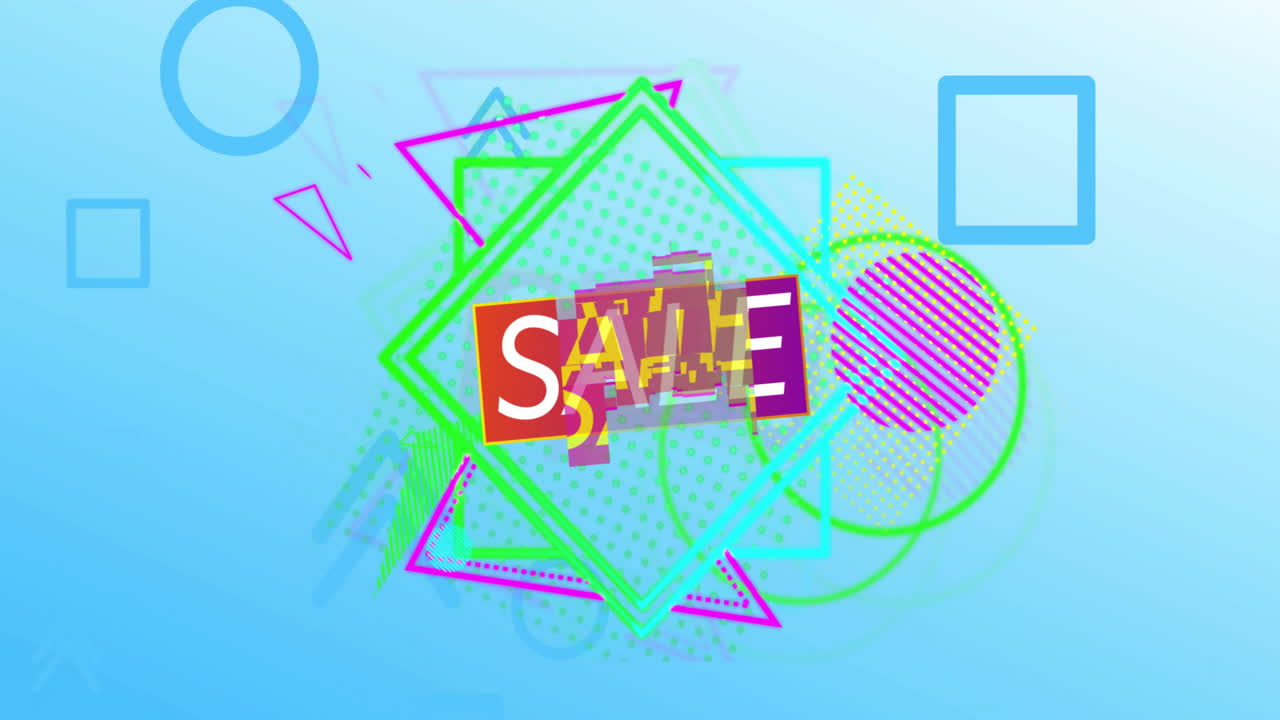 파란색 배경에 다채로운 기하학적 모양 위에 판매 텍스트 애니메이션