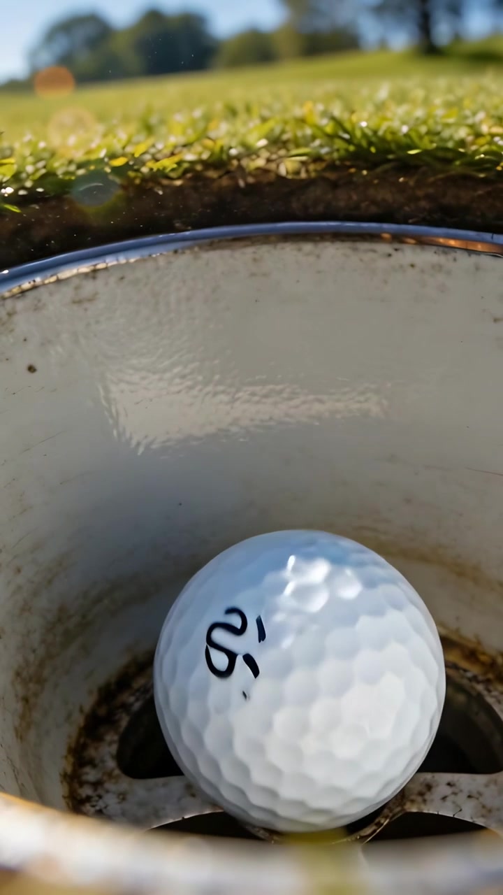 Video verticale: Pallina da golf bianca che rotola dopo un putt, cadendo nella buca sul green, mostrando un segno nero.