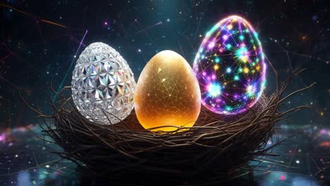 futuristic easter eggs in a nest