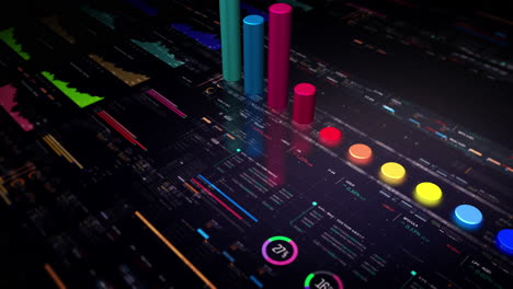 business stock market, trading, info graphic with animated graphs, charts and data numbers insight analysis to be shown on monitor display screen for business meeting mock up theme