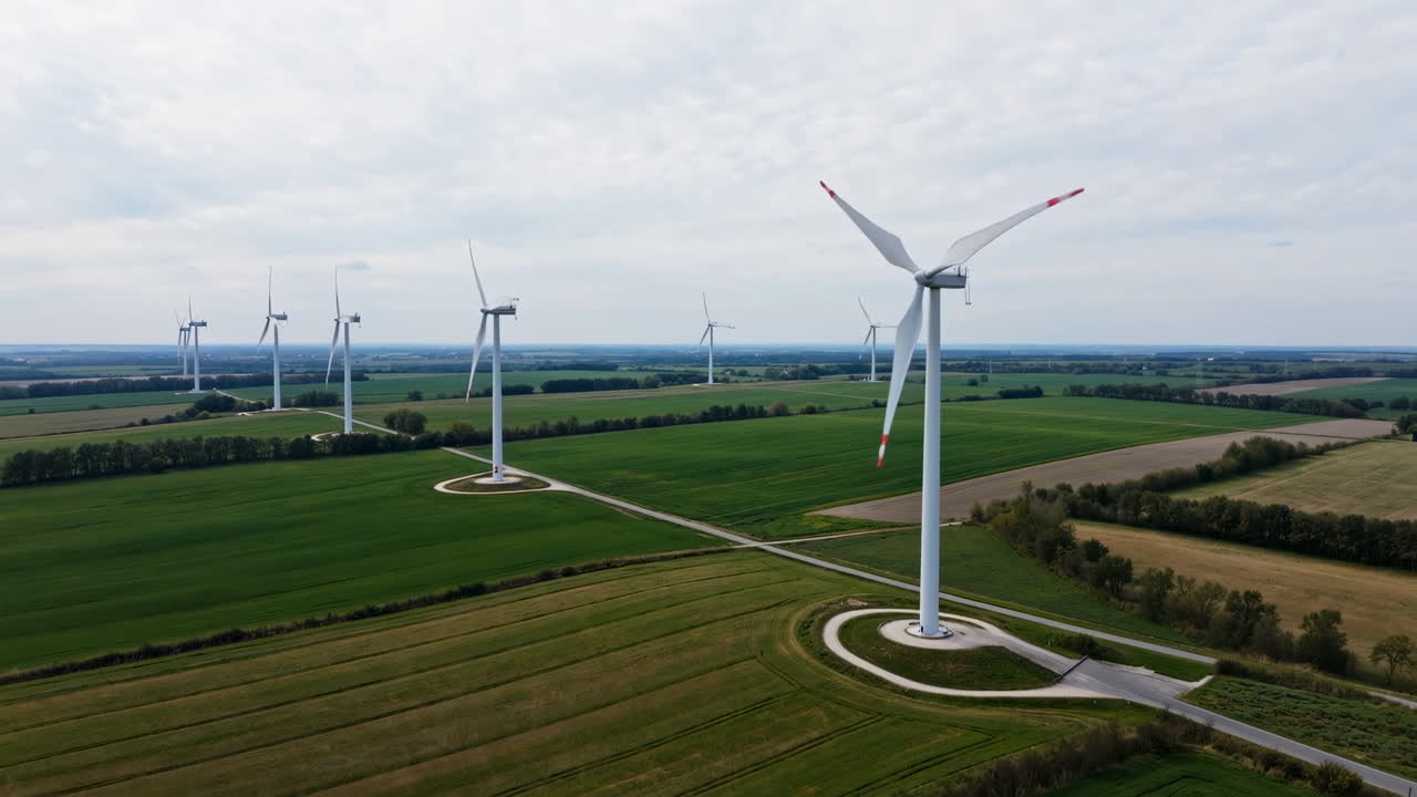 Aerial view of wind turbines in a rural landscape