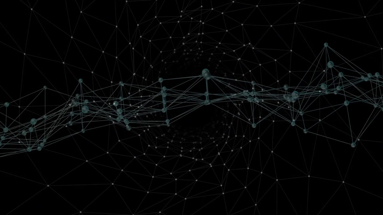 Upon loading, teal node mesh shifting and rotating, nodes pulsing to reveal geometric complexity