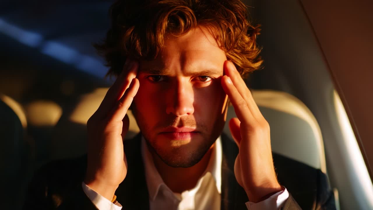 A man seated on an airplane appears distressed, experiencing a moment of intense pressure or anxiety while holding his head, illustrating the mental and emotional toll of traveling under stress