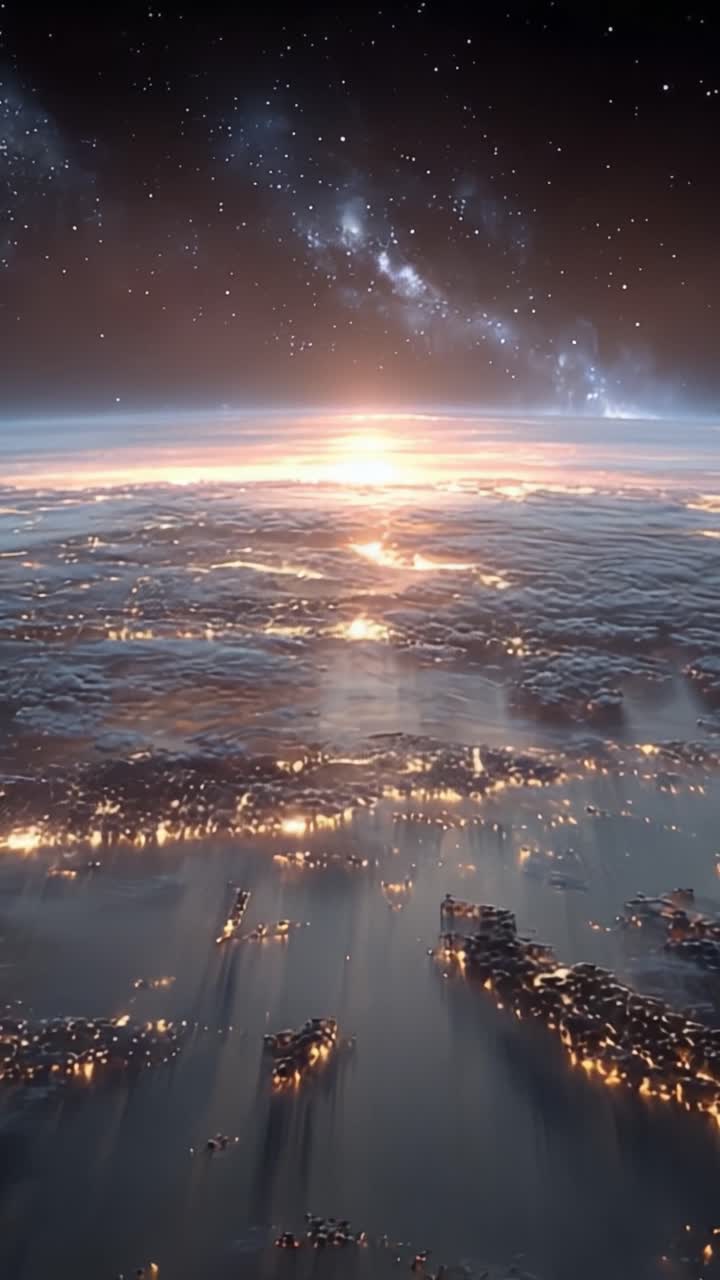Perspective à couper le souffle de la Terre vue d'en haut : une vue imprenable de la planète au lever du soleil, projetant une magnifique lueur sur les océans et les paysages avec le ciel nocturne en toile de fond.