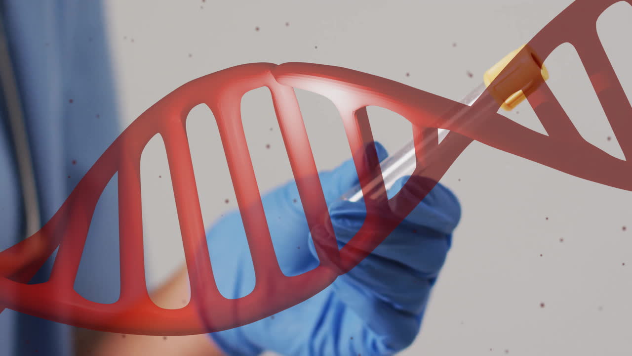 Animation of dna strand and biracial doctor with vial on white background