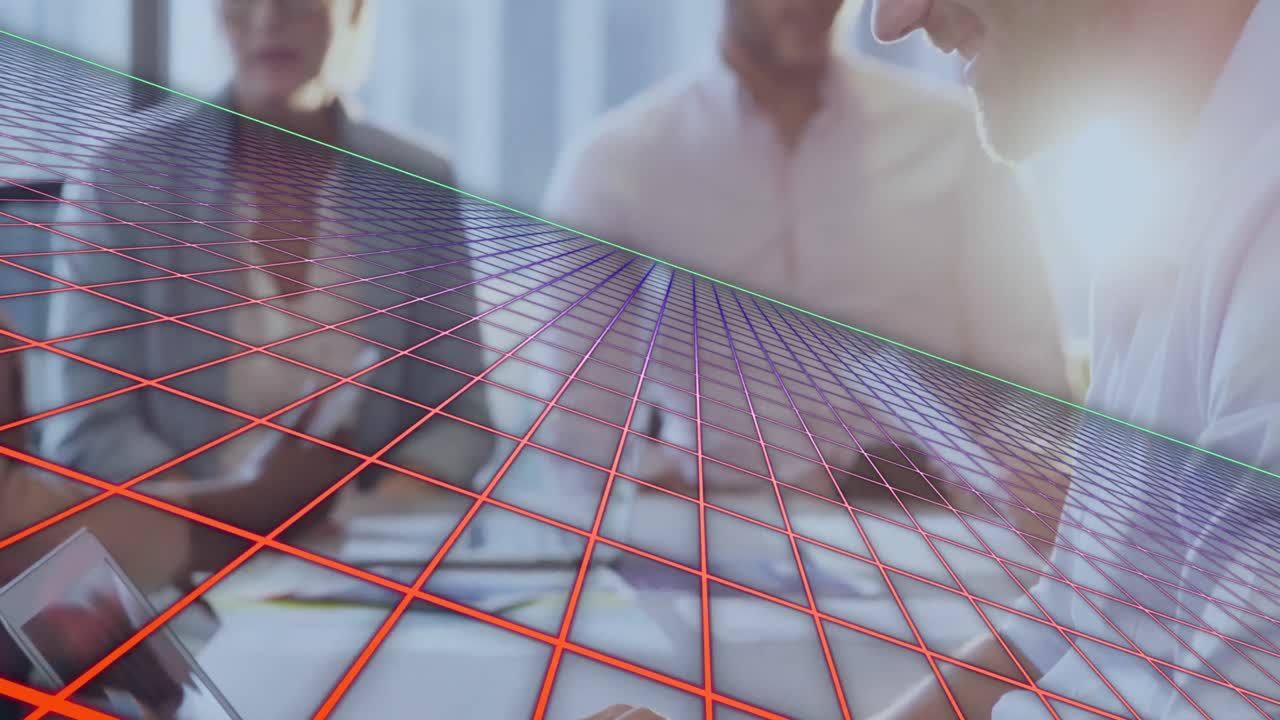 사무실에서 일하는 비즈니스 사람들 위에 그리드 및 데이터 처리의 애니메이션