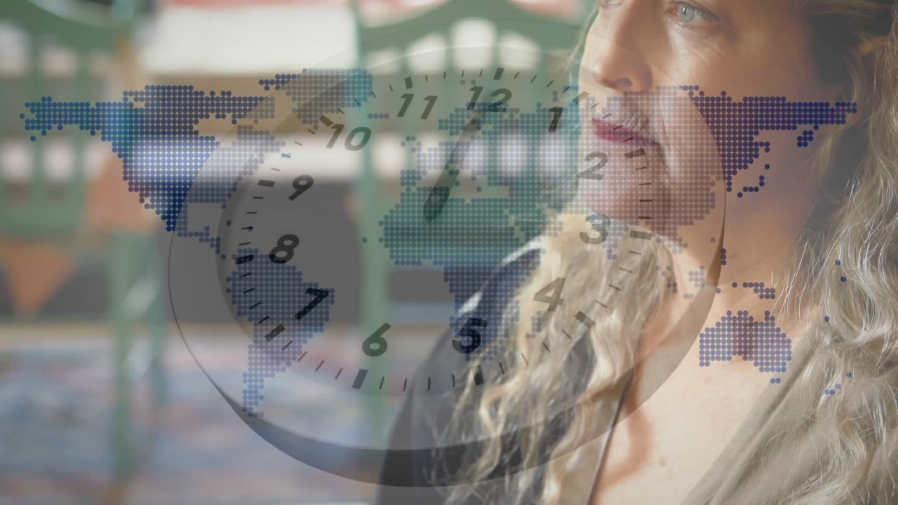 Marketer reaching and lifting cup and sipping, contemplating time with clock-map overlay rotating