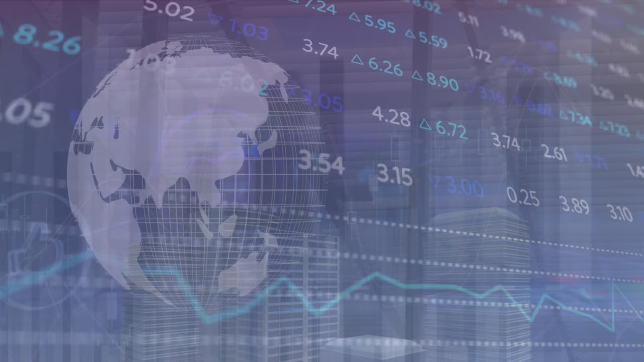 Animation of statistical and stock market data processing over spinning globe against tall buildings