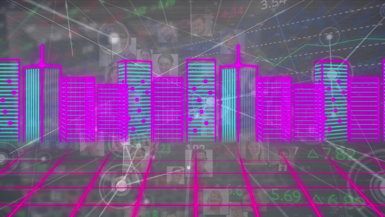 Animation eines Verbindungsnetzwerks mit Symbolen über einer Stadtkulisse und Datenverarbeitung