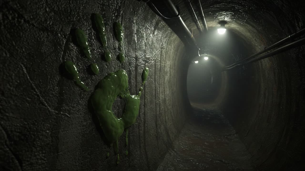 A Mysterious Green Handprint Marks the Wet Concrete Walls of an Eerie, Dimly Lit Sewer Tunnel, Highlighting the Sinister Ambiance and Unseen Stories Lurking Within