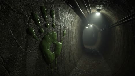 a mysterious green handprint marks the wet concrete walls of an eerie, dimly lit sewer tunnel, highlighting the sinister ambiance and unseen stories lurking within