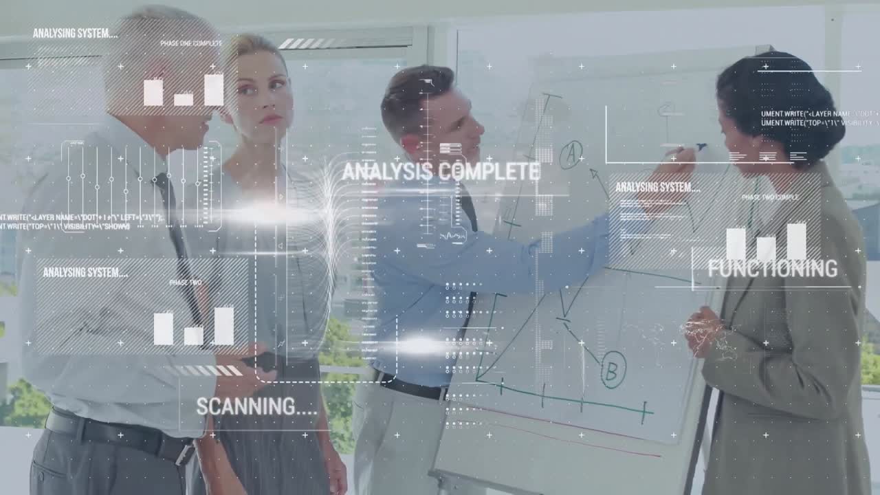 Animation of statistics and financial data processing over diverse business people