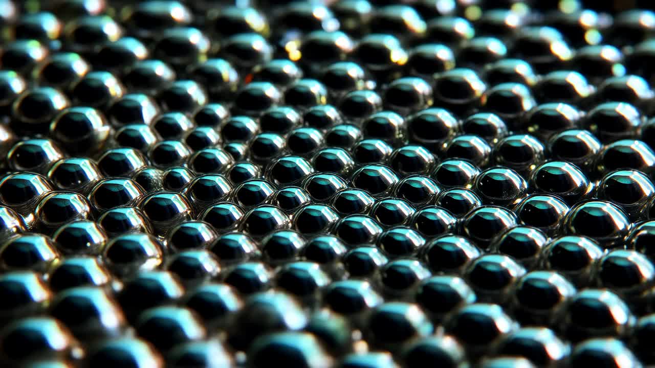 Incoming big spheres crossing hex lattice on tray, shifting small metal beads under teal highlights