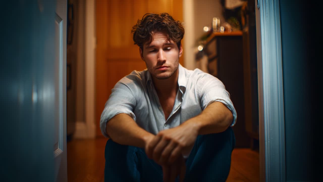 Un joven sentado en un pasillo, contemplando profundamente, iluminado por una luz cálida que realza el ambiente emocional y el entorno íntimo de la escena