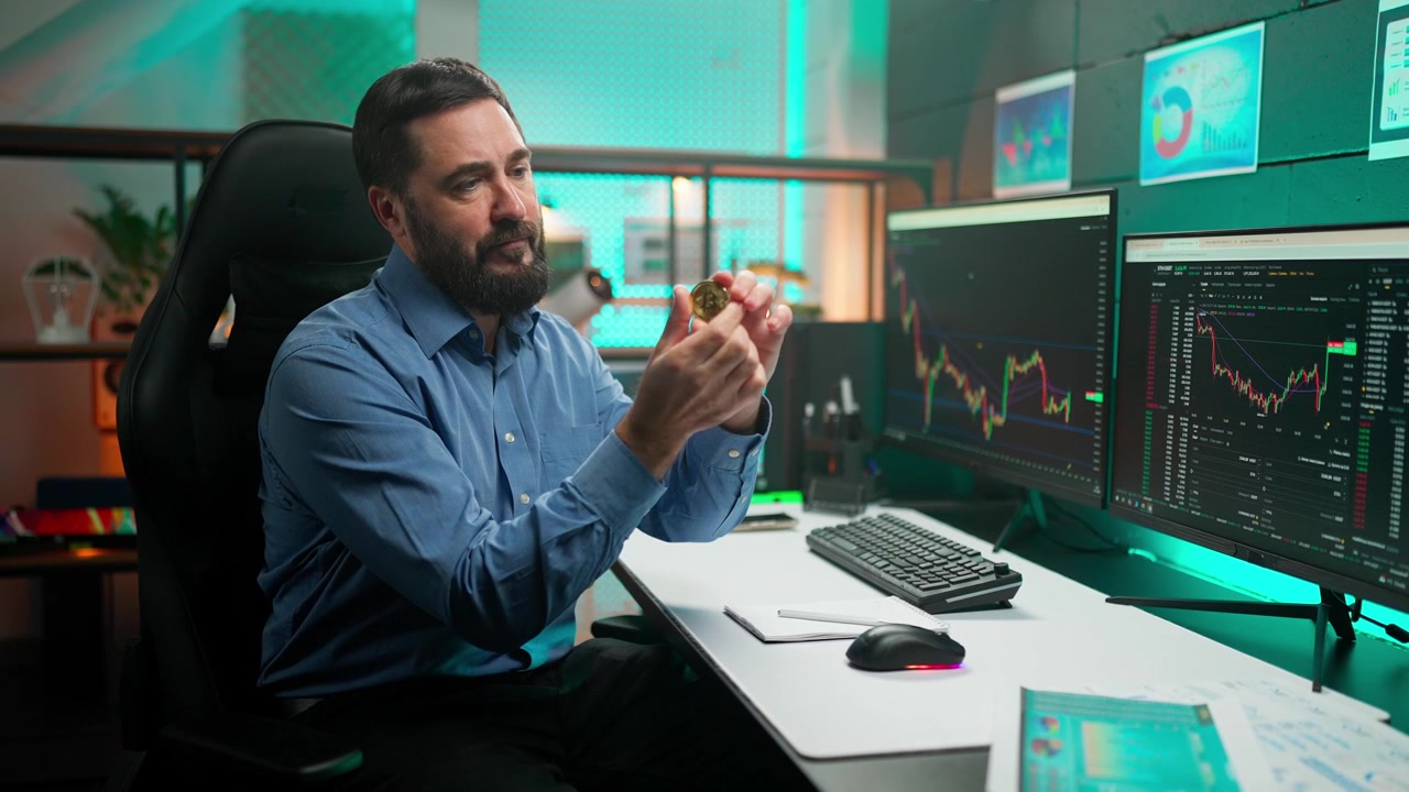 Skjeggete mann holder en Bitcoin-mynt mens han analyserer kryptovaluta-diagrammer