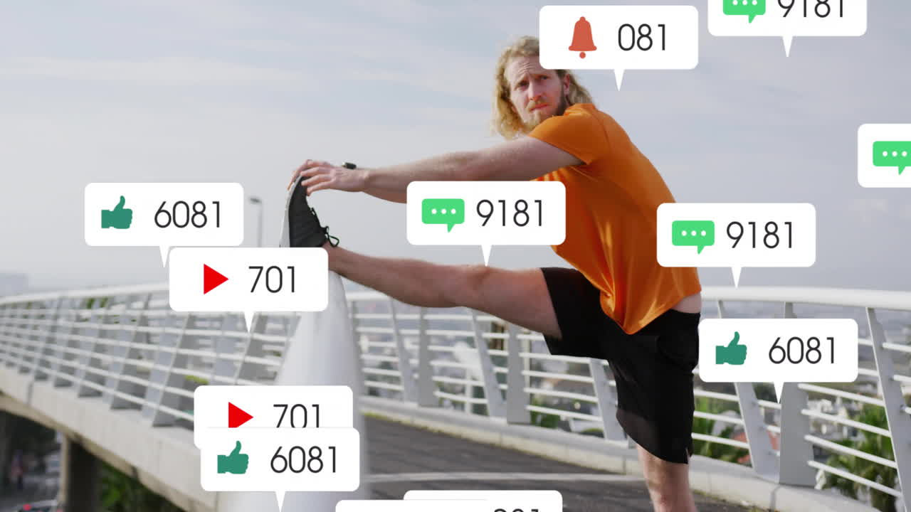 레일링에 다리를 펴고, 소셜 미디어 알림으로 둘러싸인 남자 애니메이션