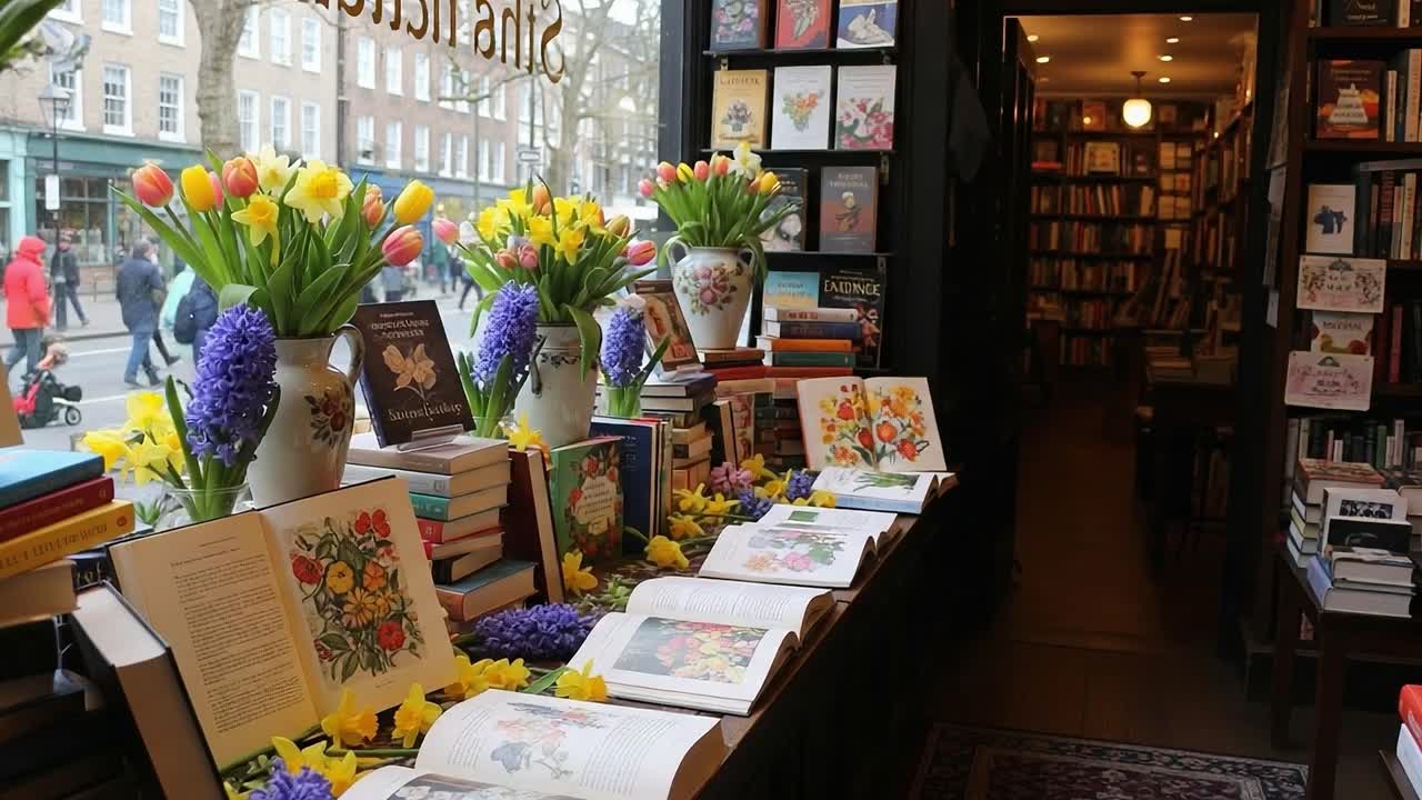 A Cozy Bookstore Displaying Floral Arrangements and Colorful Book Covers, Inviting Readers to Explore Its Charming Literary Collection