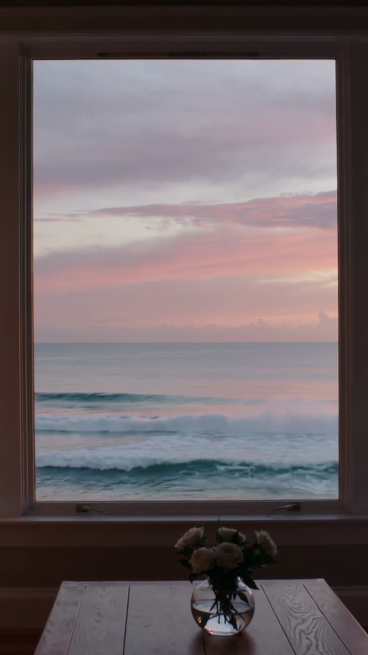 Serene Ocean View from Window with Pink Sunset Sky and Flowers