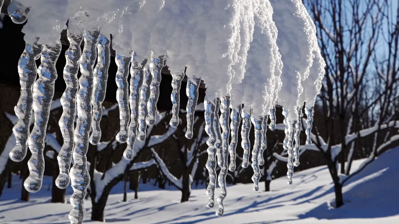 Close-up, low-angle shot of icicles hanging from snow, capturing winter's beauty