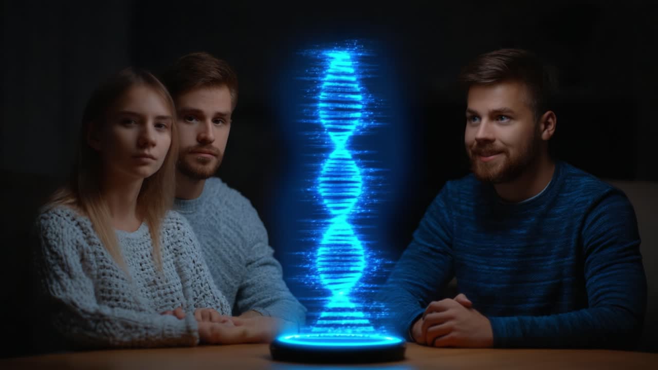 A captivating moment of three individuals engrossed in a holographic display, revealing a mesmerizing double helix pattern that sparks curiosity and intrigue about science and technology
