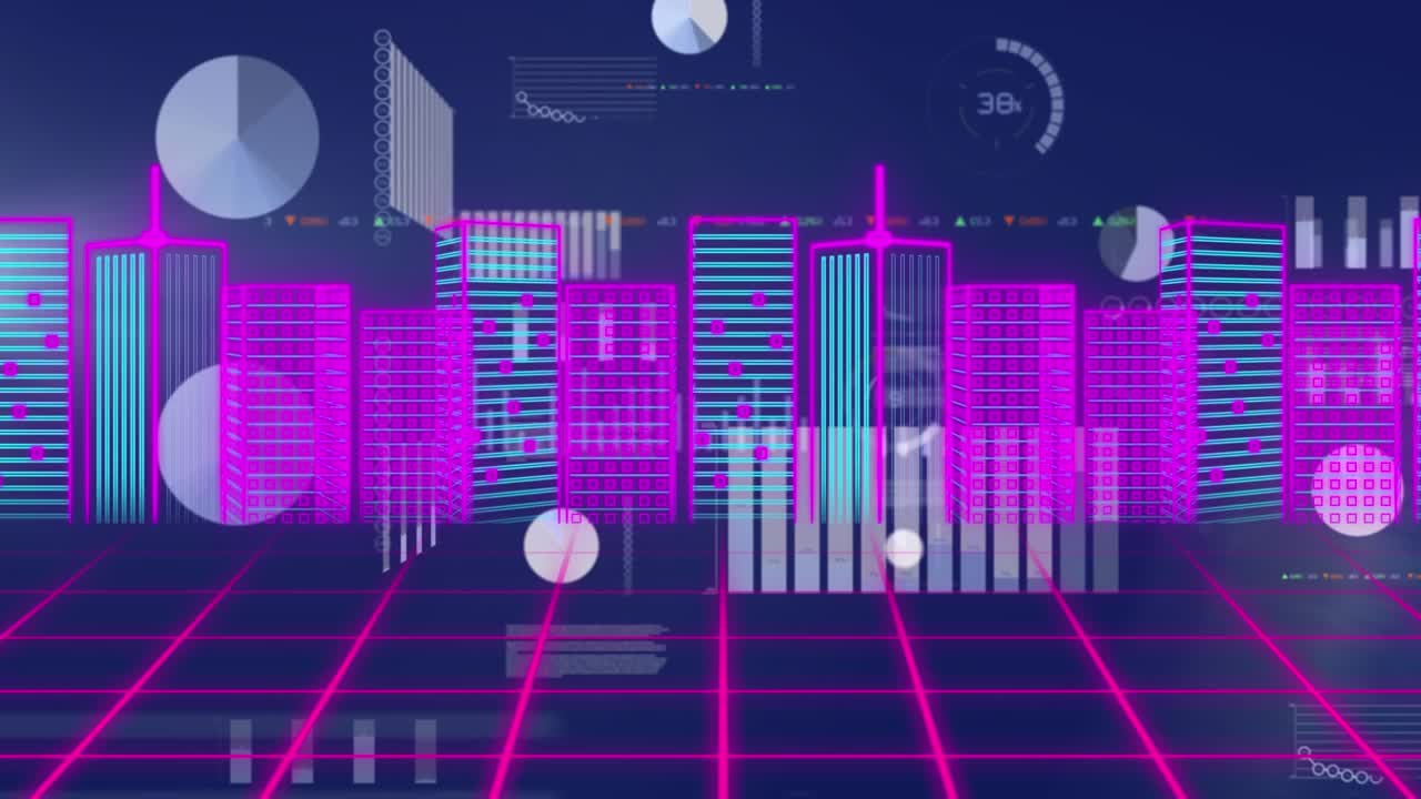 Animation of cityscape over grid and cityscape