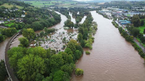 Aerial-footage-showing-the-damage-caused-by-the-floods-on-River-Tay-in-Perth,-Scotland