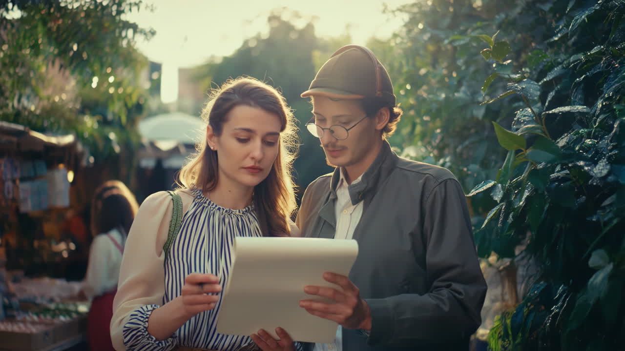 Couple Reviewing Notes in an Outdoor Setting