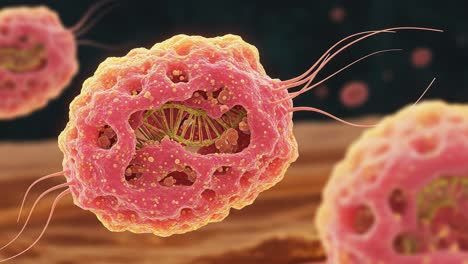 detailed visualization of complex cellular structures in a microscopic environment, showcasing intricate details and unique characteristics of microorganisms