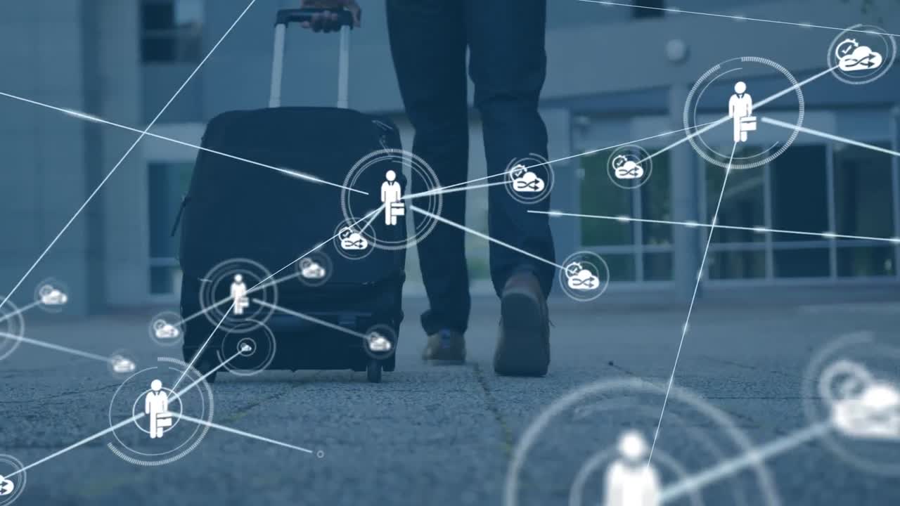 animación de la red de conexiones con iconos sobre hombre de negocios afroamericano con maleta