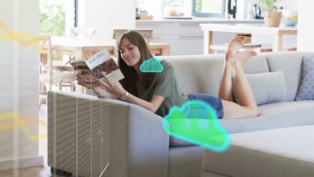 Lady reclining on sofa reading mag as scene HUD appearing left, teal clouds drifting showing tech