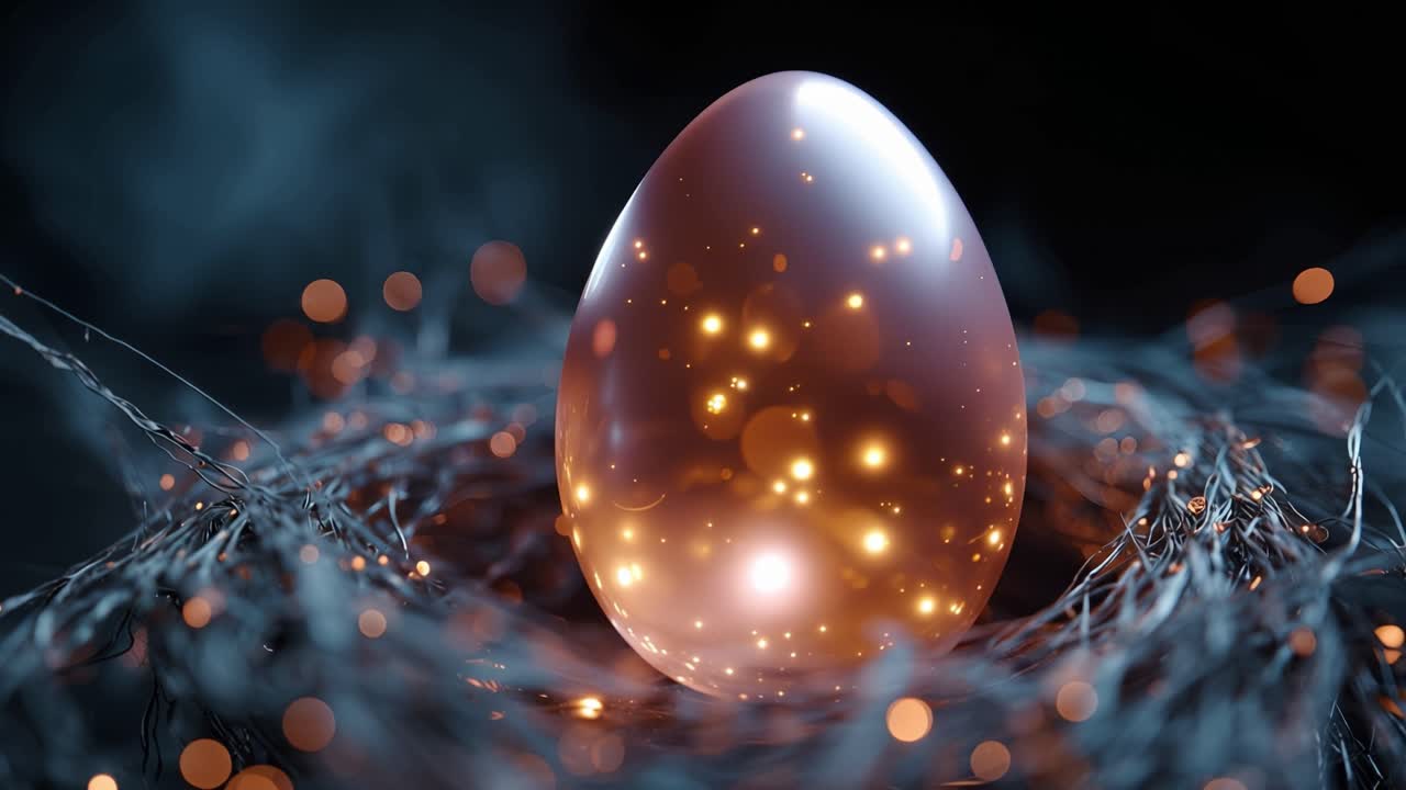 Glowing egg rests in dark, tangled nest. Warm lights pulse within the egg's smooth shell. Flickering particles dance like distant stars. Ambient glow illuminates the egg's gentle curve