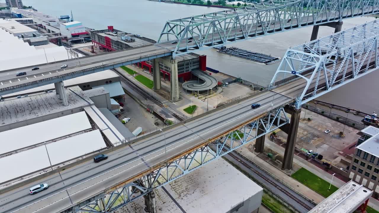 Pair Of Cantilever Bridges. Crescent City Connection In New Orleans, Louisiana, United States. Aerial Shot