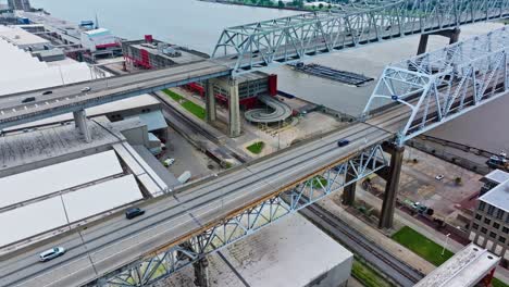 pair of cantilever bridges. crescent city connection in new orleans, louisiana, united states. aerial shot