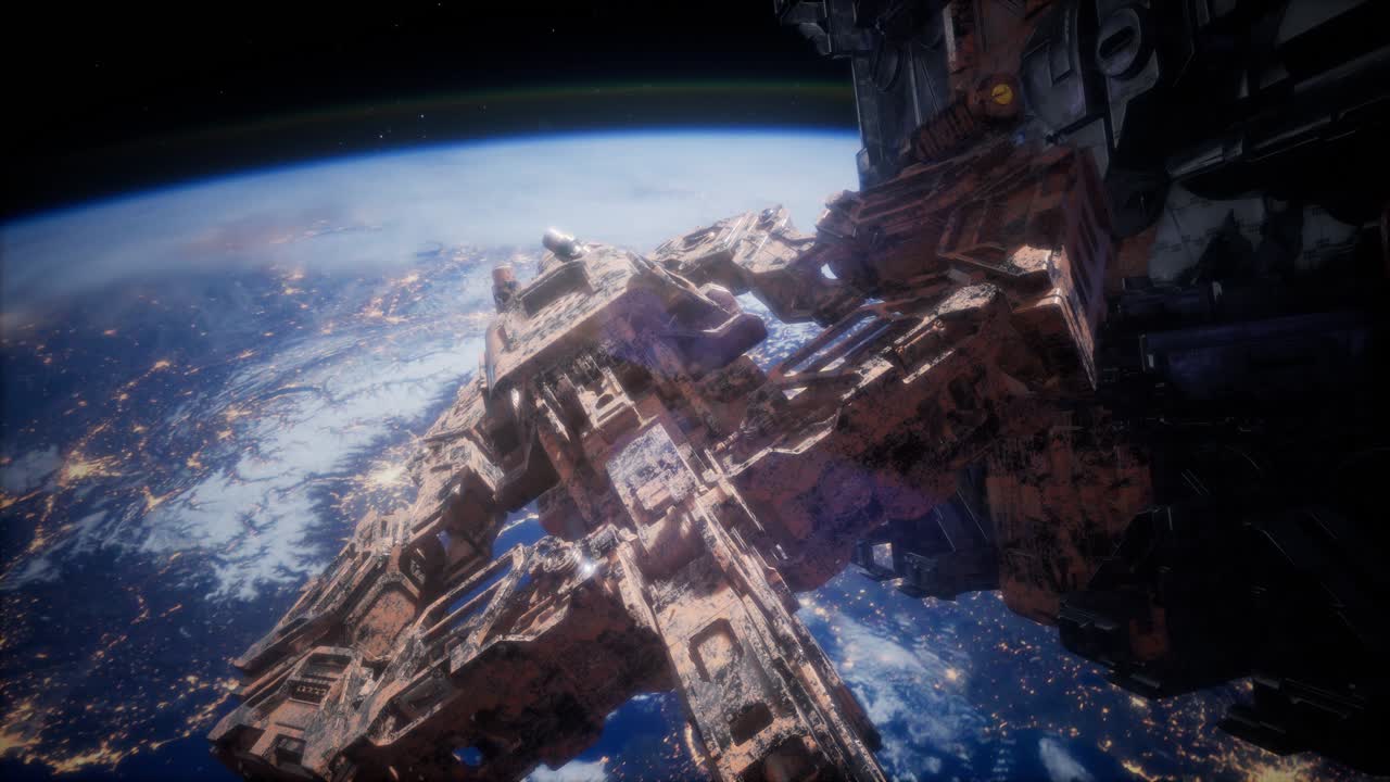 애니메이션 우주 정거장을 비행하는 것