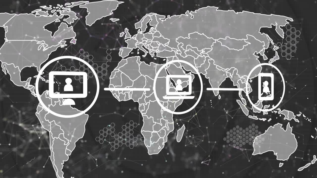 회색 배경에 대한 세계 지도 위의 디지털 아이콘 네트워크의 애니메이션