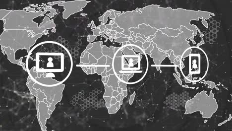 animación de una red de iconos digitales sobre un mapa del mundo contra un fondo gris.