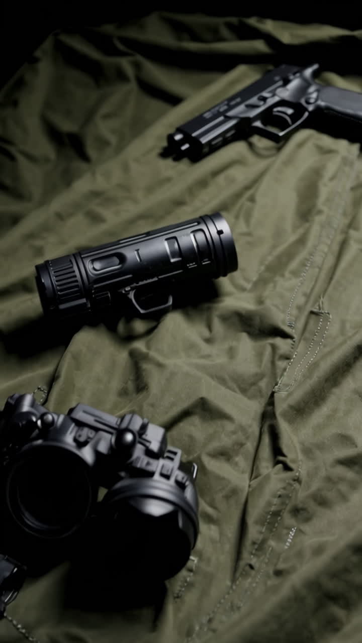 Military Equipment on Camouflage Fabric