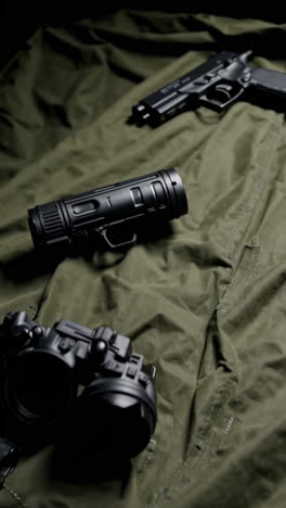 military equipment on camouflage fabric