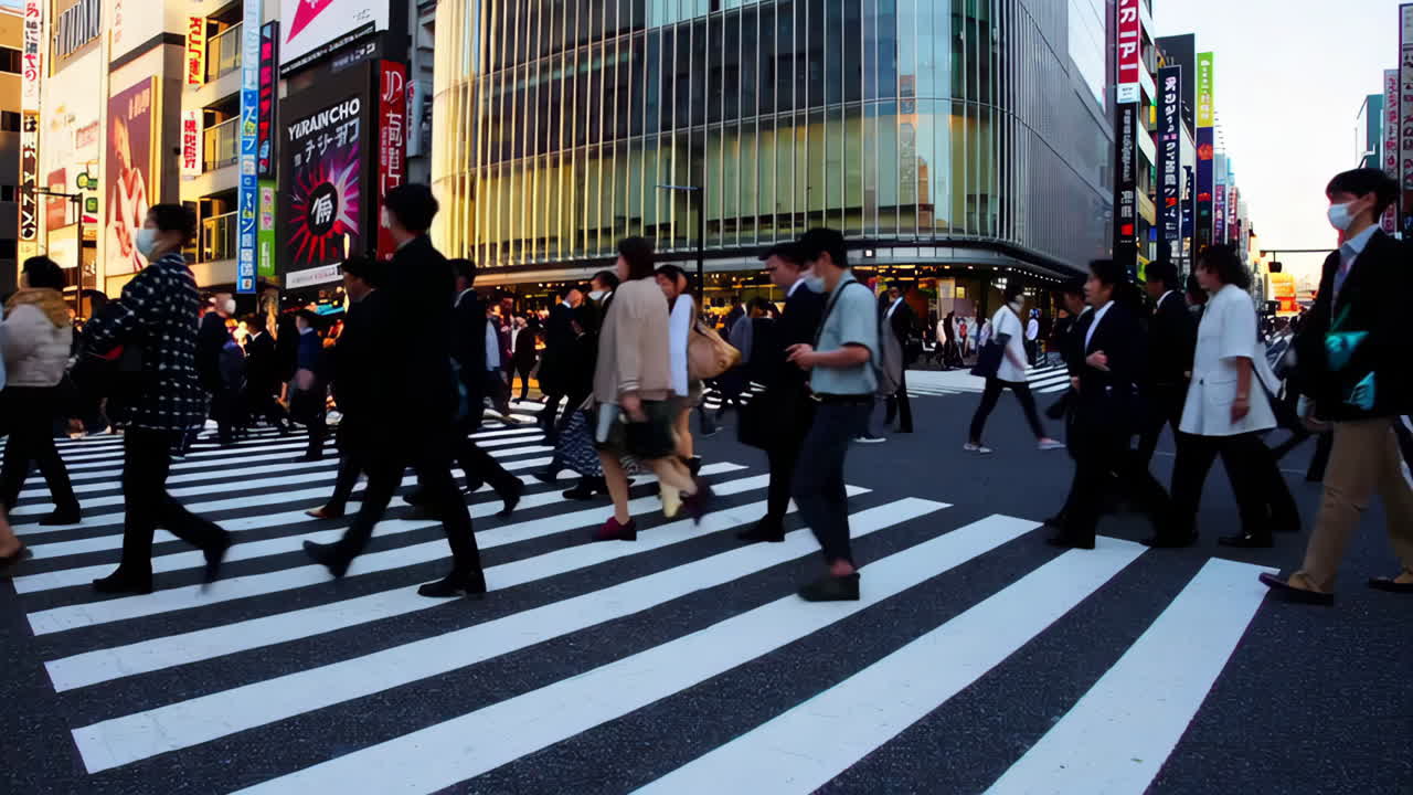 People crossing a busy street in an urban Japanese setting