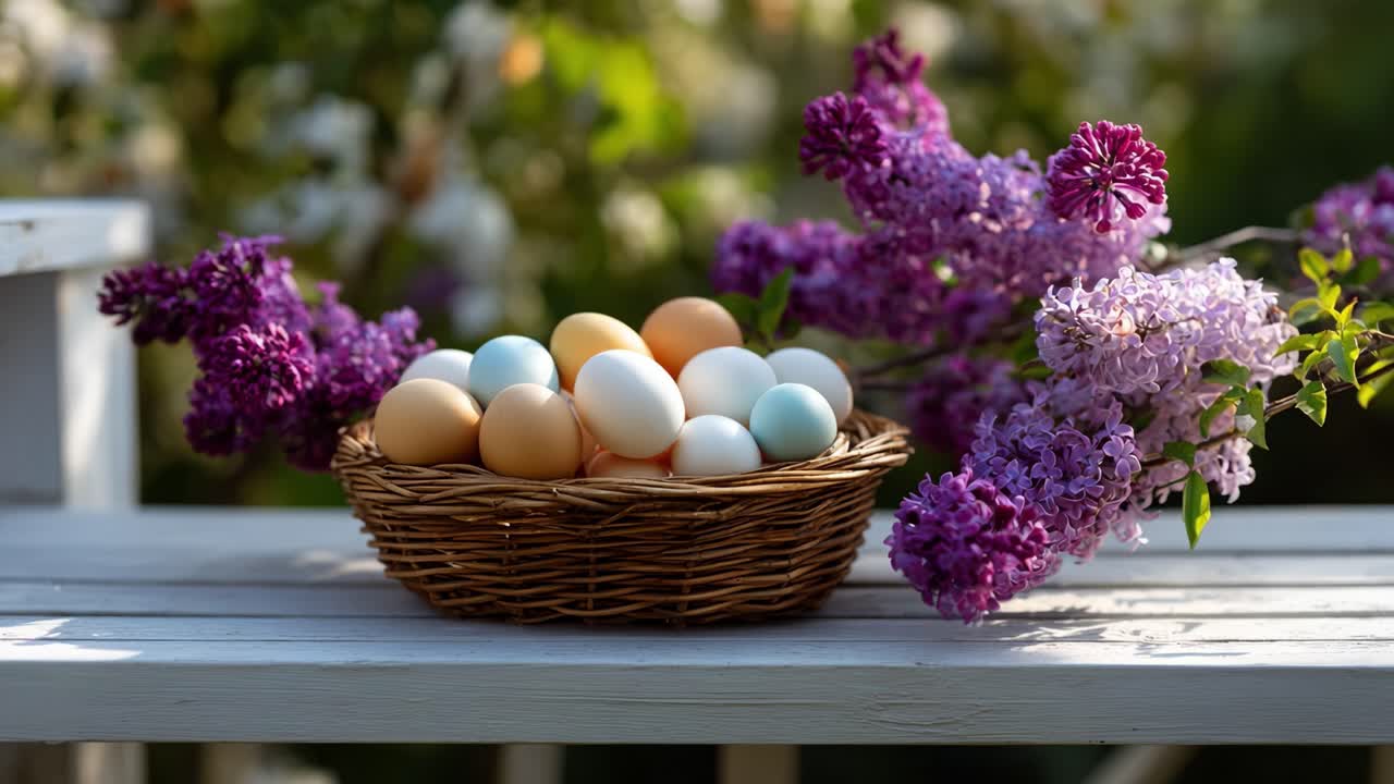 A Beautiful Basket of Decorated Eggs Surrounded by Colorful Lilac Flowers in a Serene Outdoor Setting Capturing the Essence of Spring and Renewal