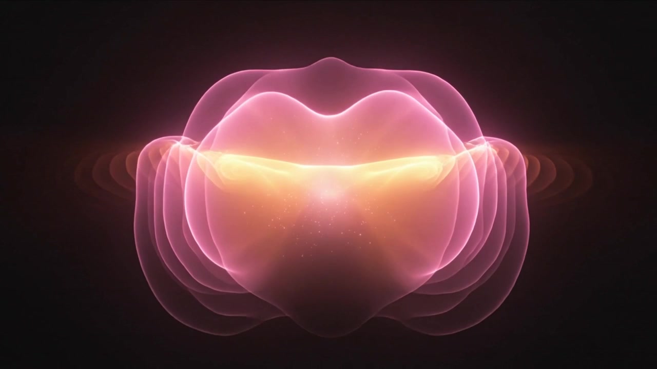 Nucleo luminoso che si accende, forma di energia incandescente che si espande nel vuoto oscuro, mostrando bagliori di lens flare.