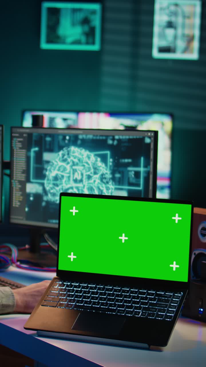 Laptop con schermo verde in un'area di lavoro tecnologica moderna