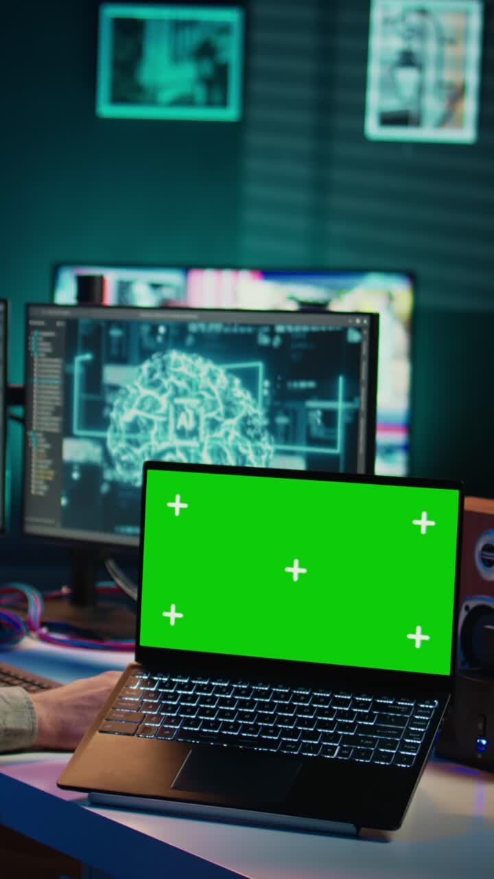 Laptop con schermo verde in un'area di lavoro tecnologica moderna