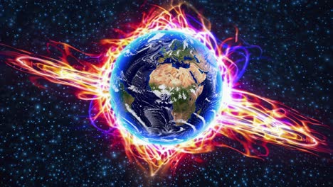 Rotating planet Earth glowing with mystical energy, surrounded by vibrant cosmic aura and twinkling stars in expansive space background revealing celestial beauty and planetary wonder