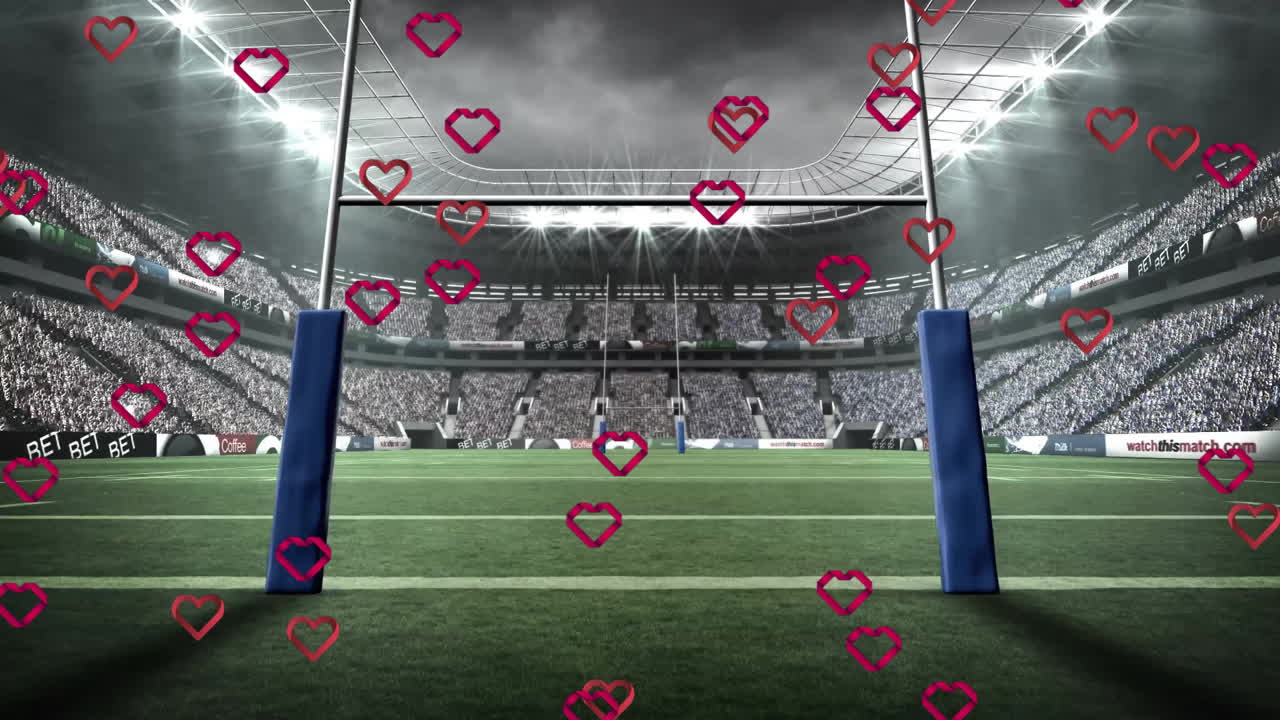 Rugby stadium with heart animations floating over field and goalposts