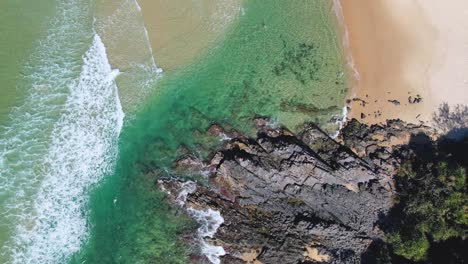 video de dron de 4k volando más alto sobre una hermosa playa con olas azules del océano, arena blanca suave y formaciones rocosas de acantilado gris en noosa, queensland, australia