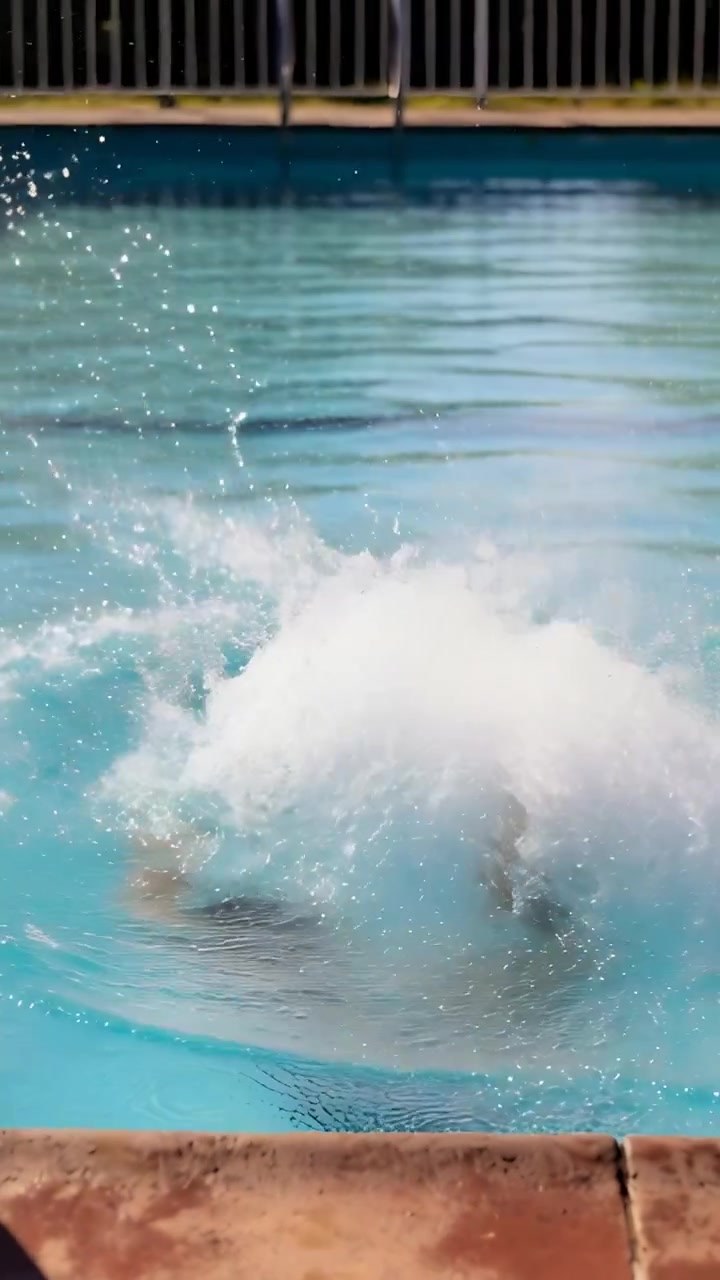 Video vertical: Mujer corriendo en bikini zambulléndose desde el borde de la piscina, creando un chapuzón divertido.